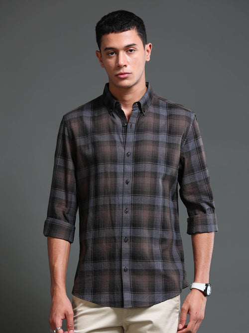 Men's Melange Twill Brown Checks Shirts