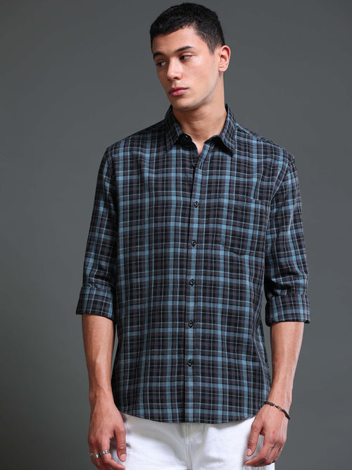 Men's Melange Twill Blue Checks Shirts