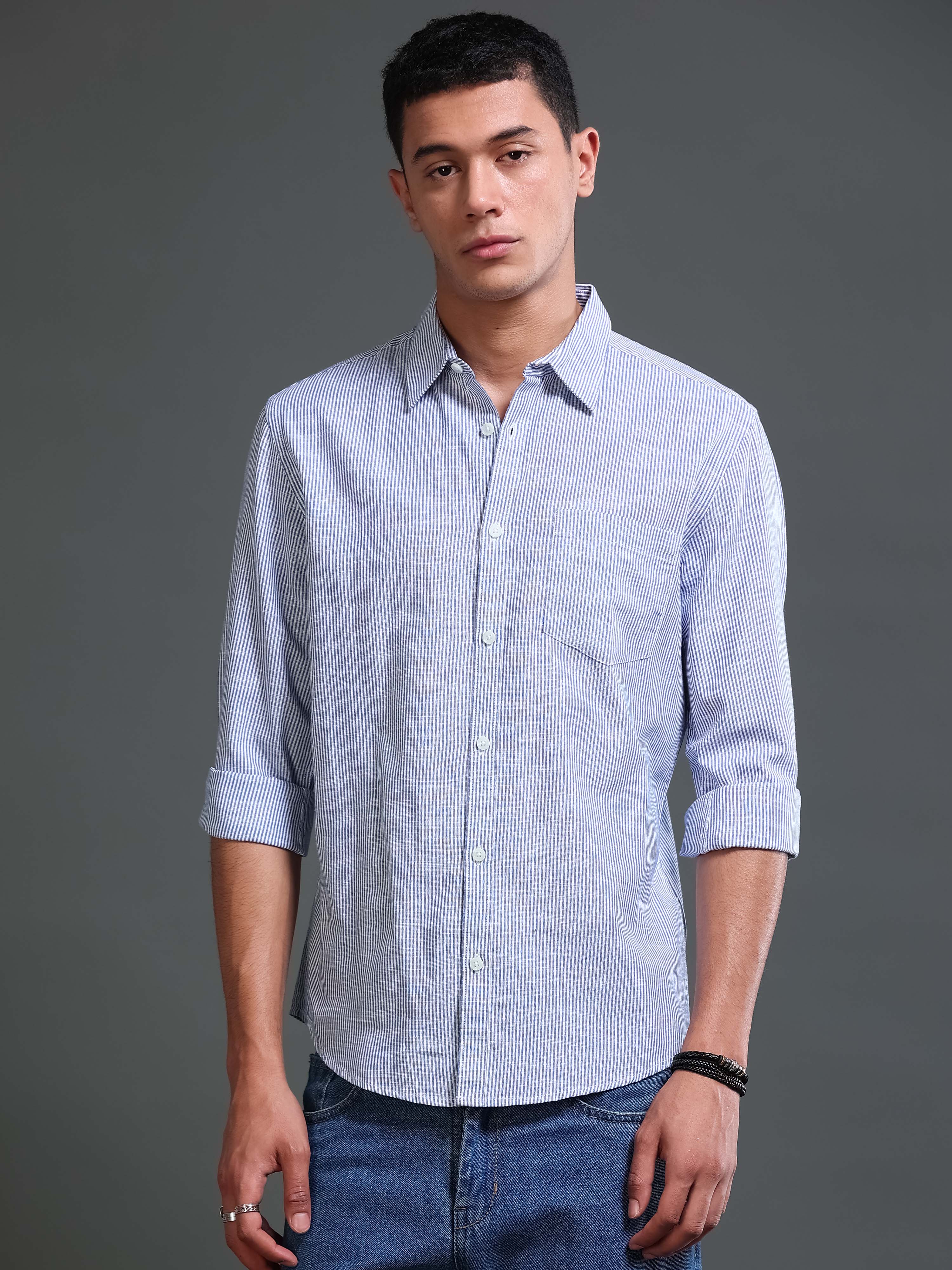 Men Stripes Navy Shirts
