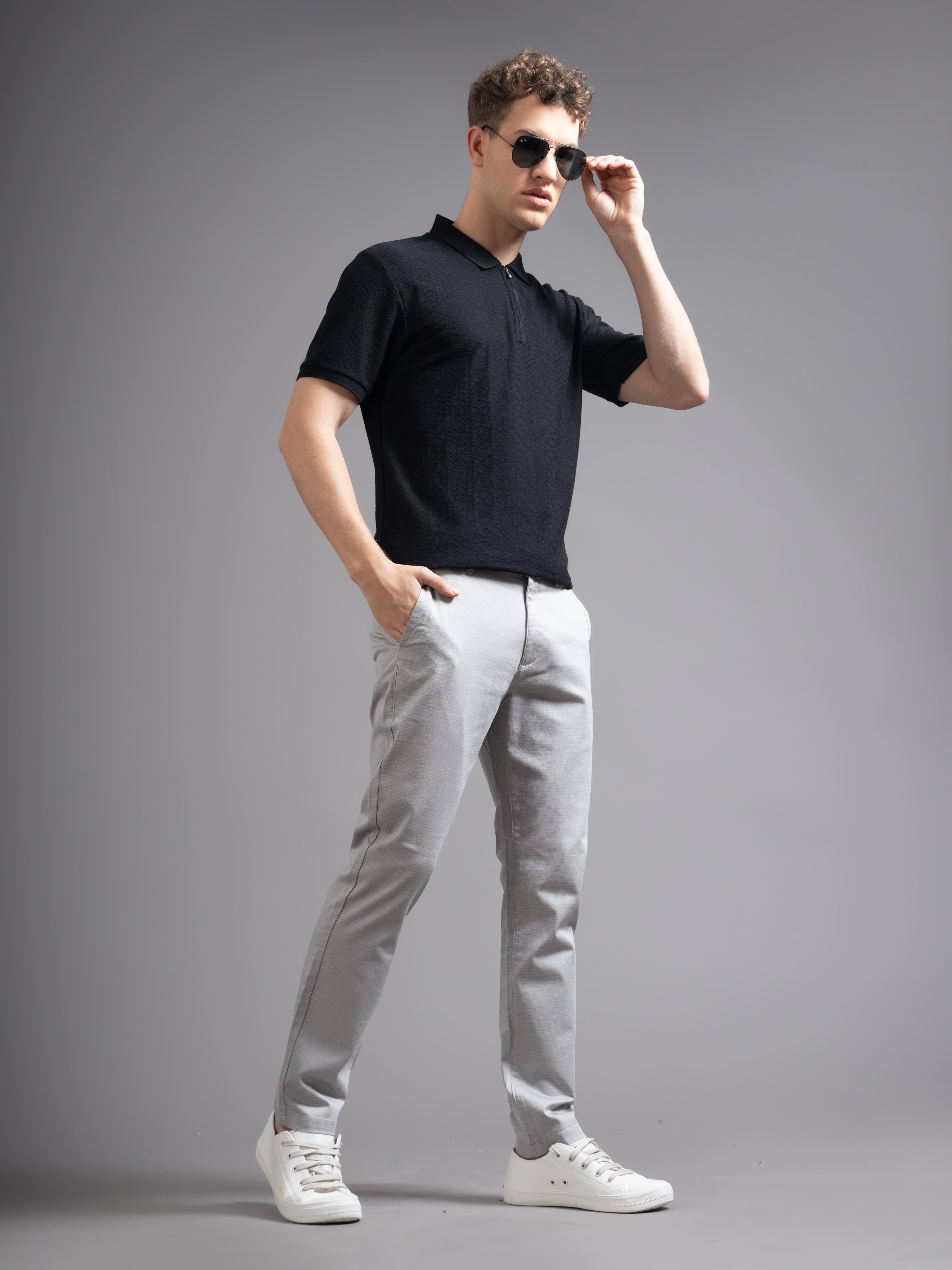 Men Solid Comfort Slim Fit Low-rise Cotton Chinos Trousers