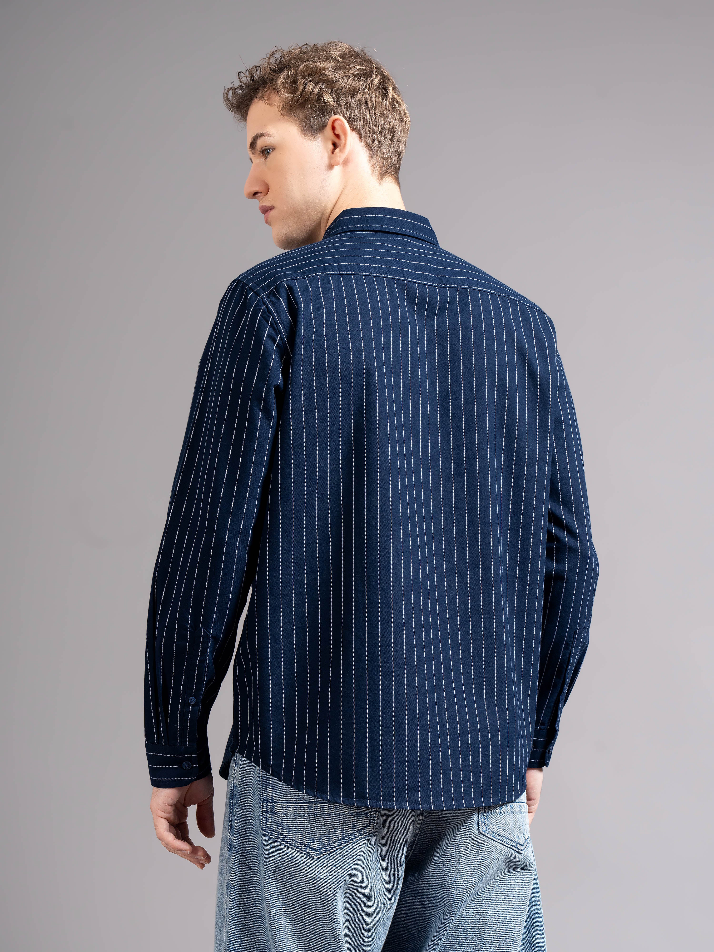 Smart Slim Fit Vertical Striped Spread Collar Cotton Casual Shirt