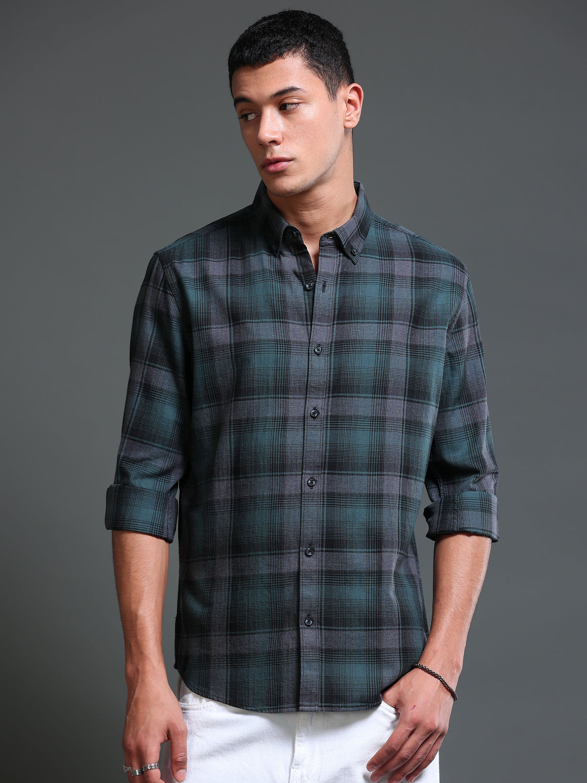 Men's Melange Twill Green Checks Shirts