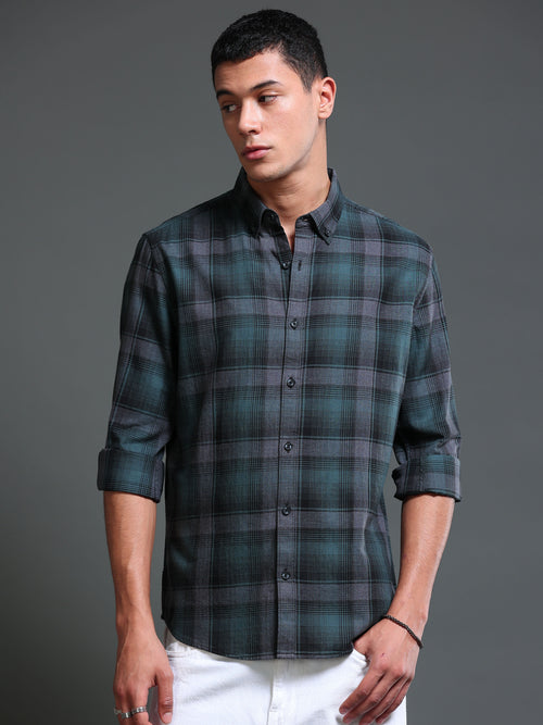 Men's Melange Twill Green Checks Shirts