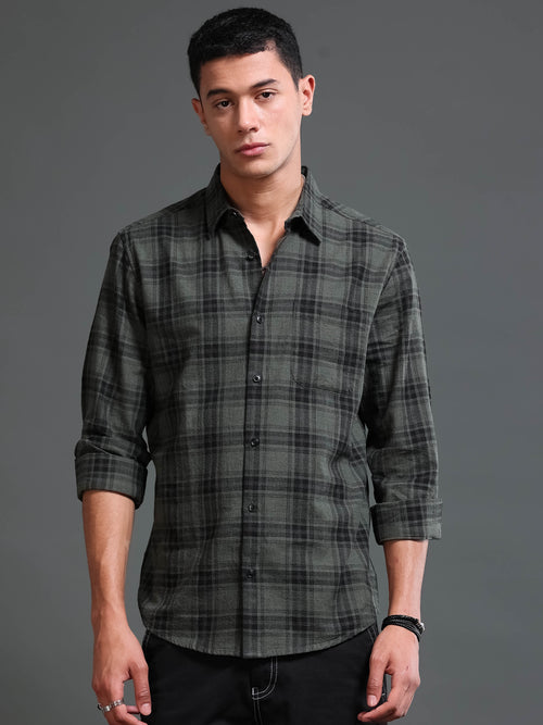 Men's Melange Twill Olive Checks Shirts