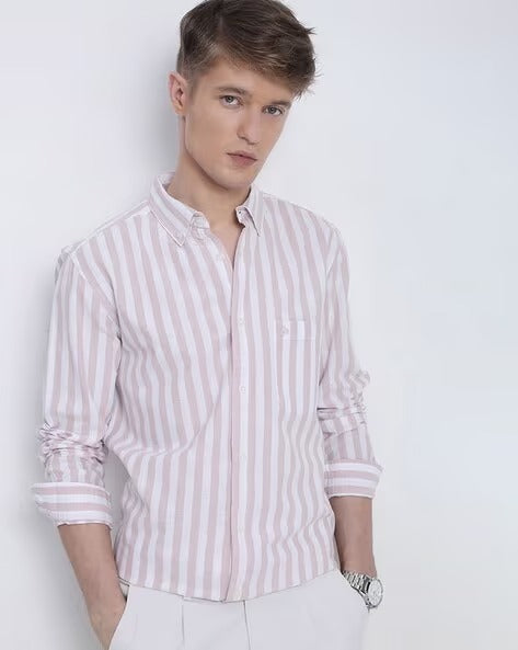 Men Smart Fit Vertical Striped Button-Down Collar Cotton Casual Shirt