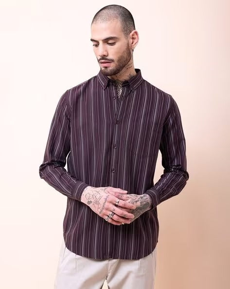 Men Comfort Button-Down Collar Vertical Striped Cotton Casual Shirt