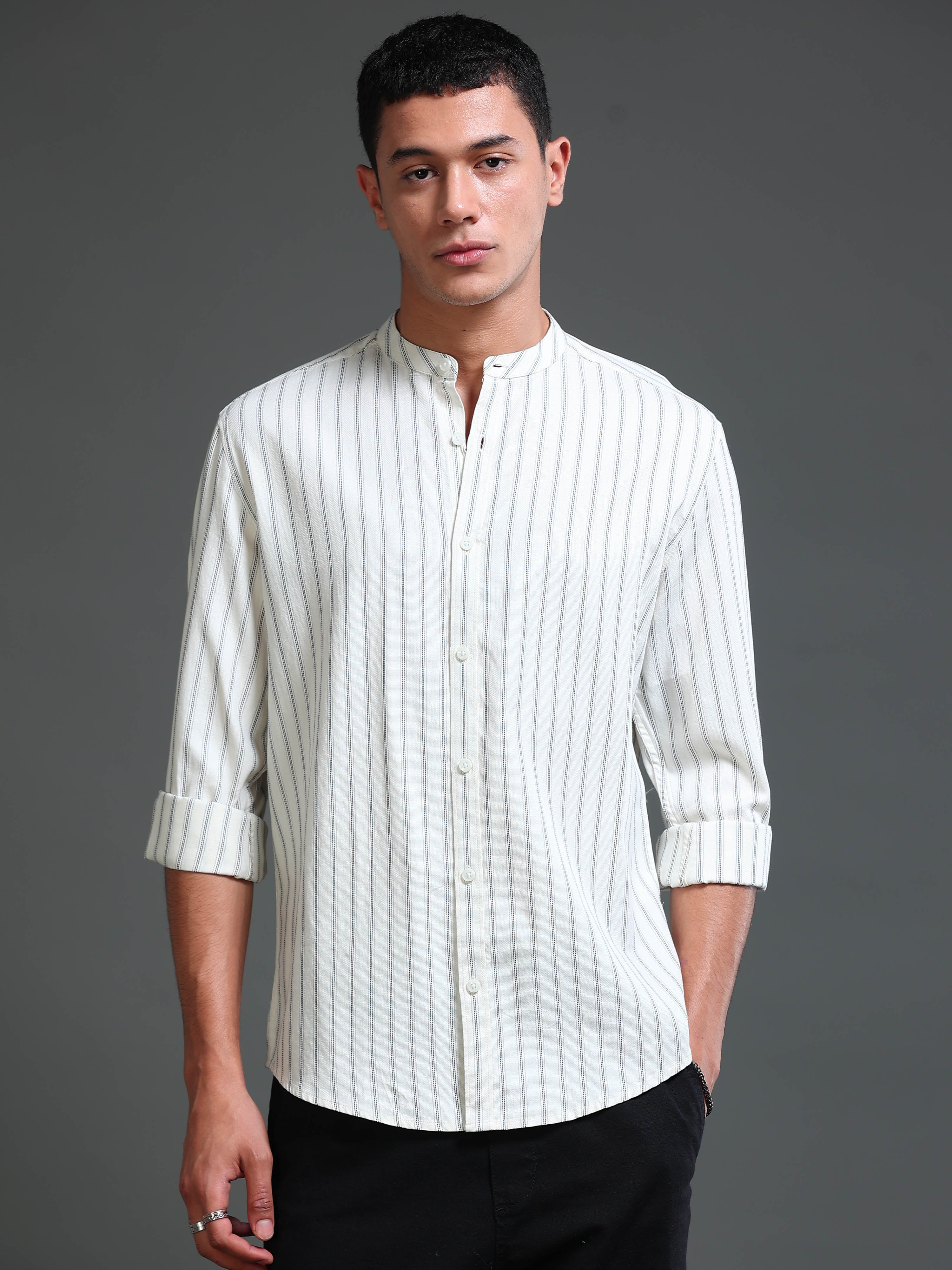 Men Stripes Cream Shirt