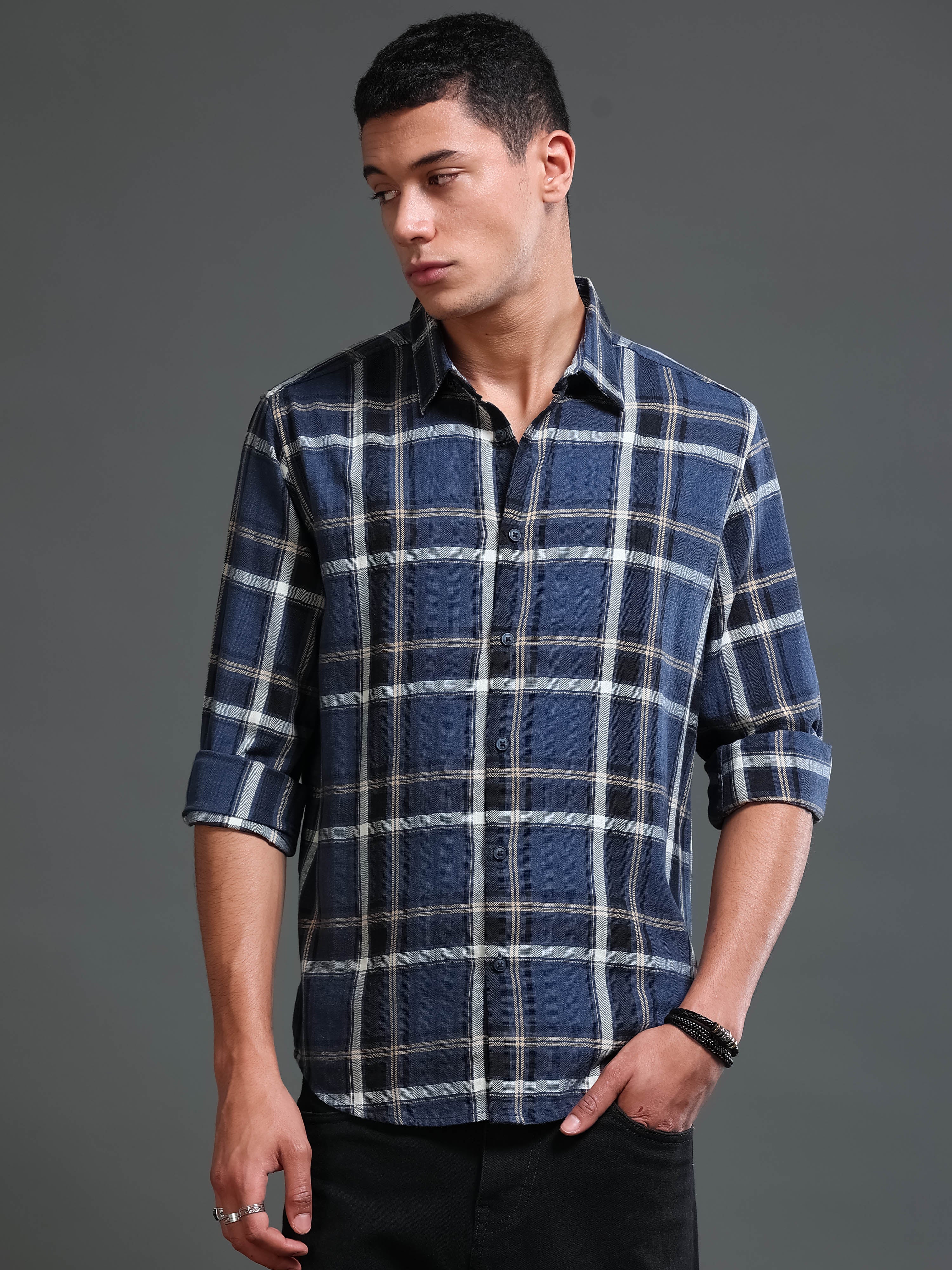 Men Navy Checks Shirt
