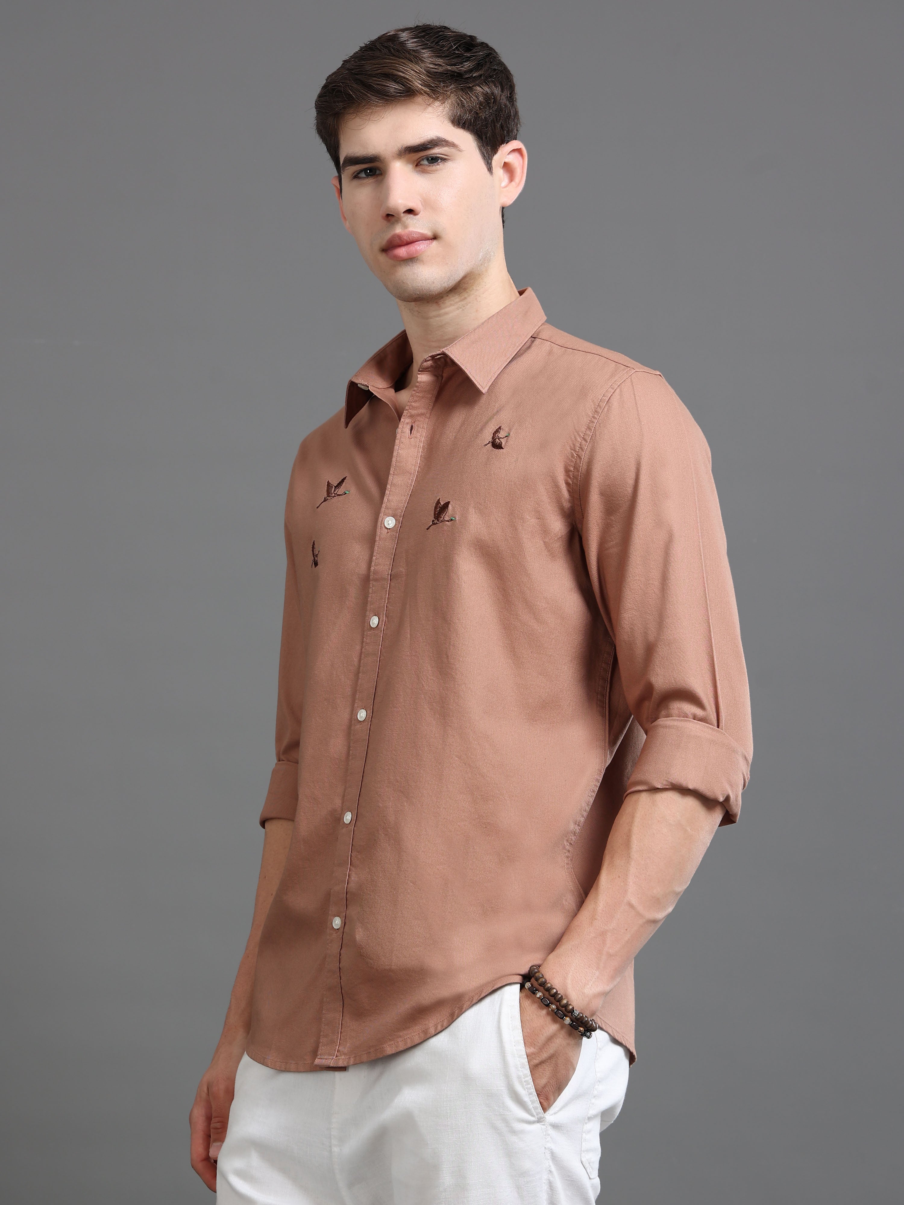 Men Oxford Embroidary Slim Fit Shirt