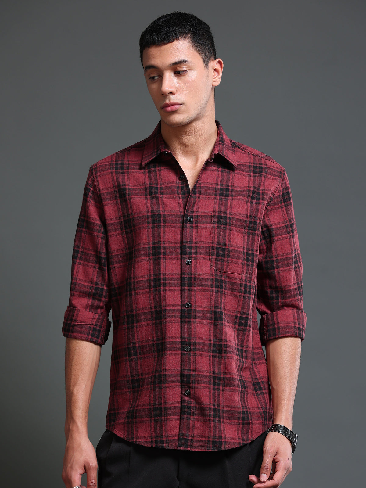 Men's Melange Twill Red Checks Shirts
