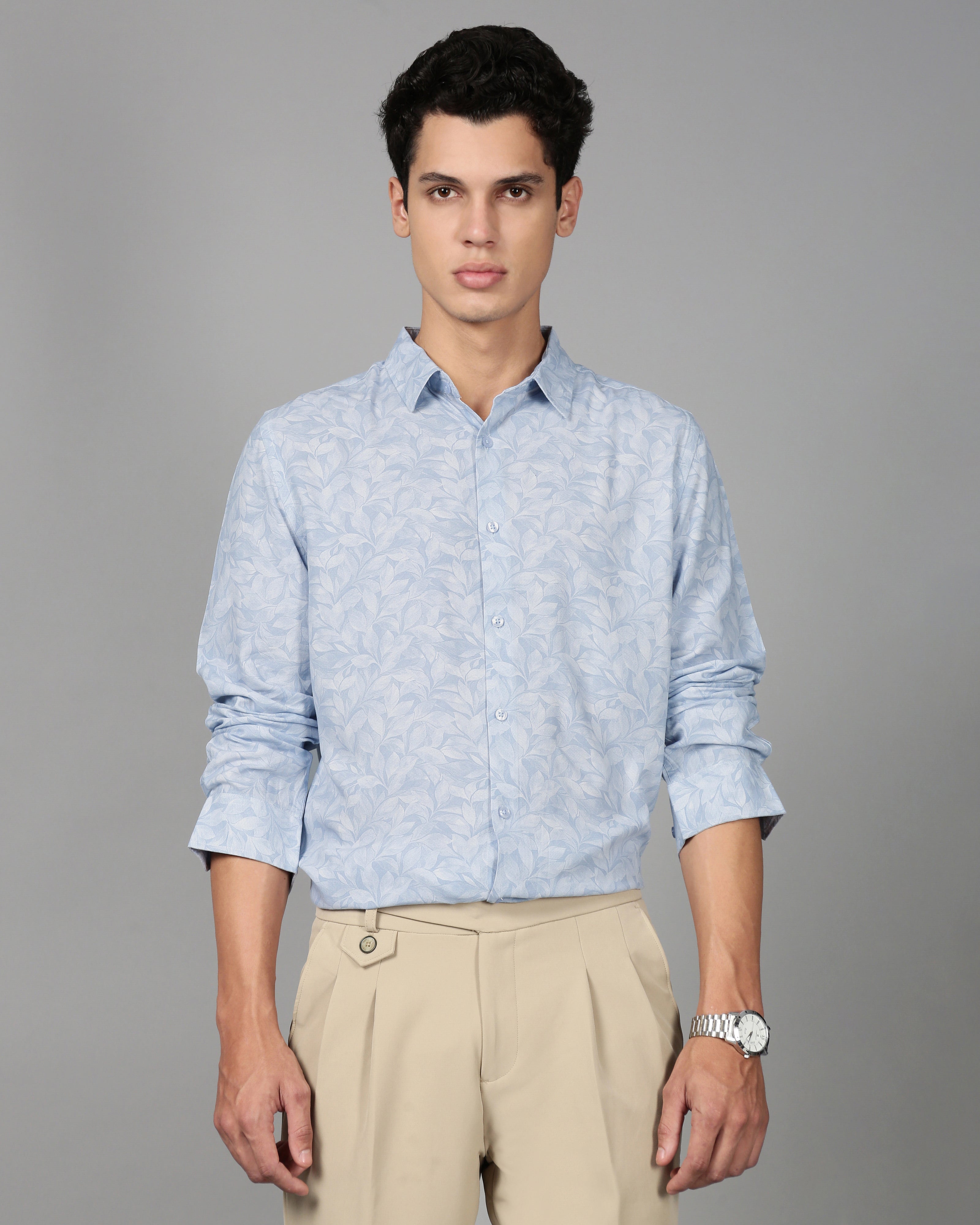 Men Smart Slim Fit Floral Printed Spread Collar Cotton Formal Shirt