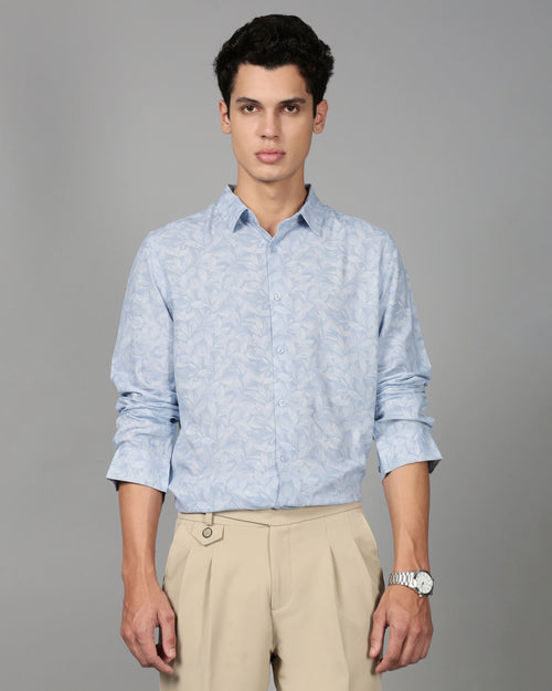 Men Smart Slim Fit Floral Printed Spread Collar Cotton Formal Shirt