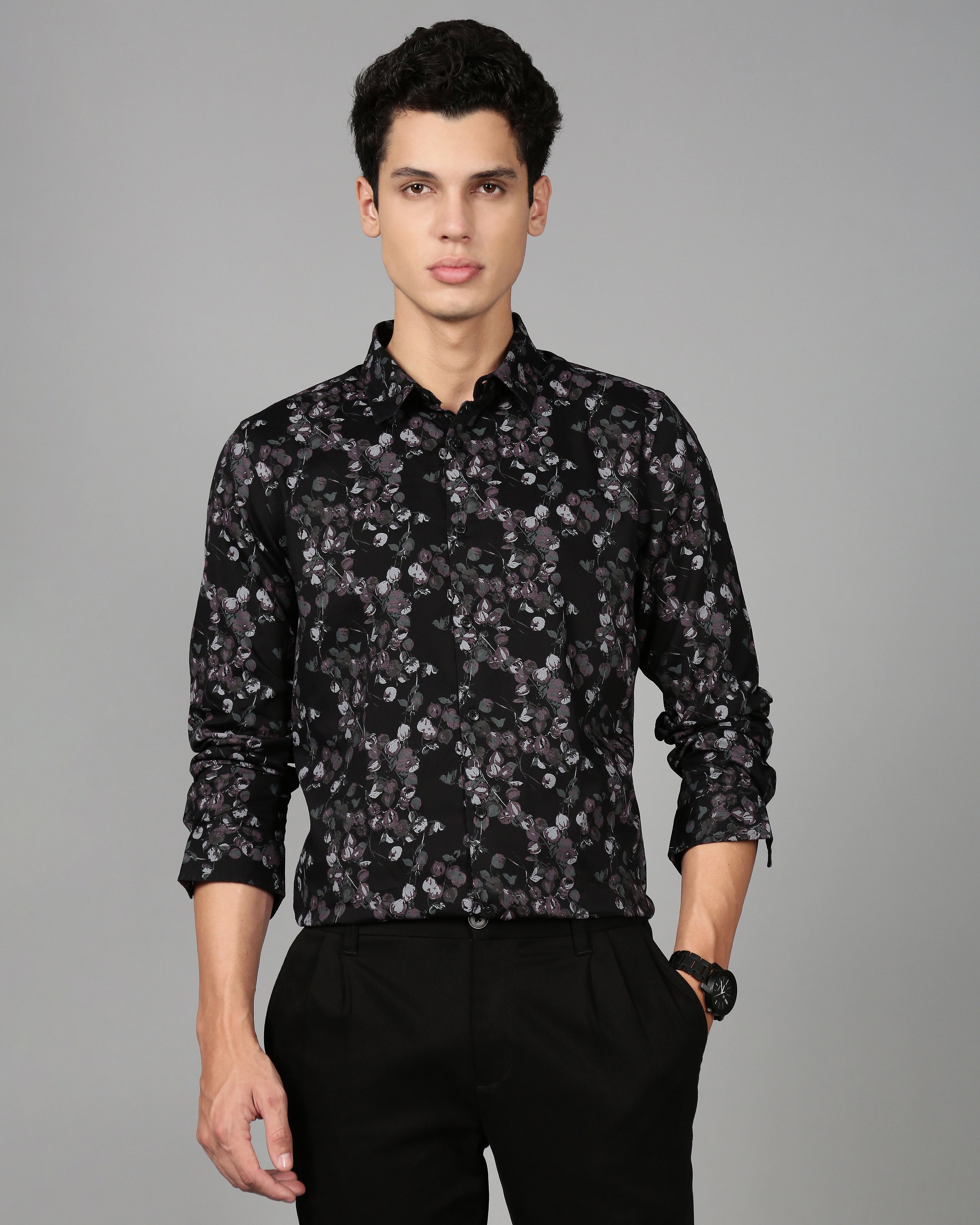 Smart Slim Fit Floral Printed Spread Collar Cotton Casual Shirt