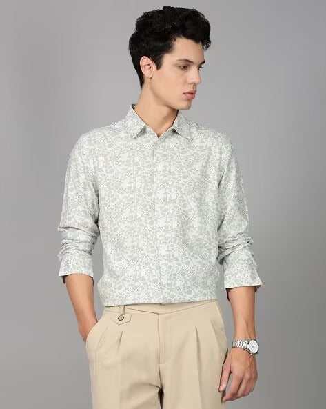 Men Smart Slim Fit Floral Printed Spread Collar Cotton Formal Shirt