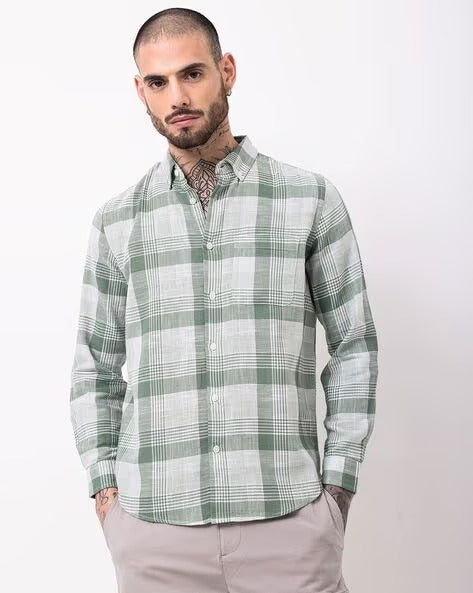 Men Comfort Button-Down Collar Tartan Checked Cotton Casual Shirt