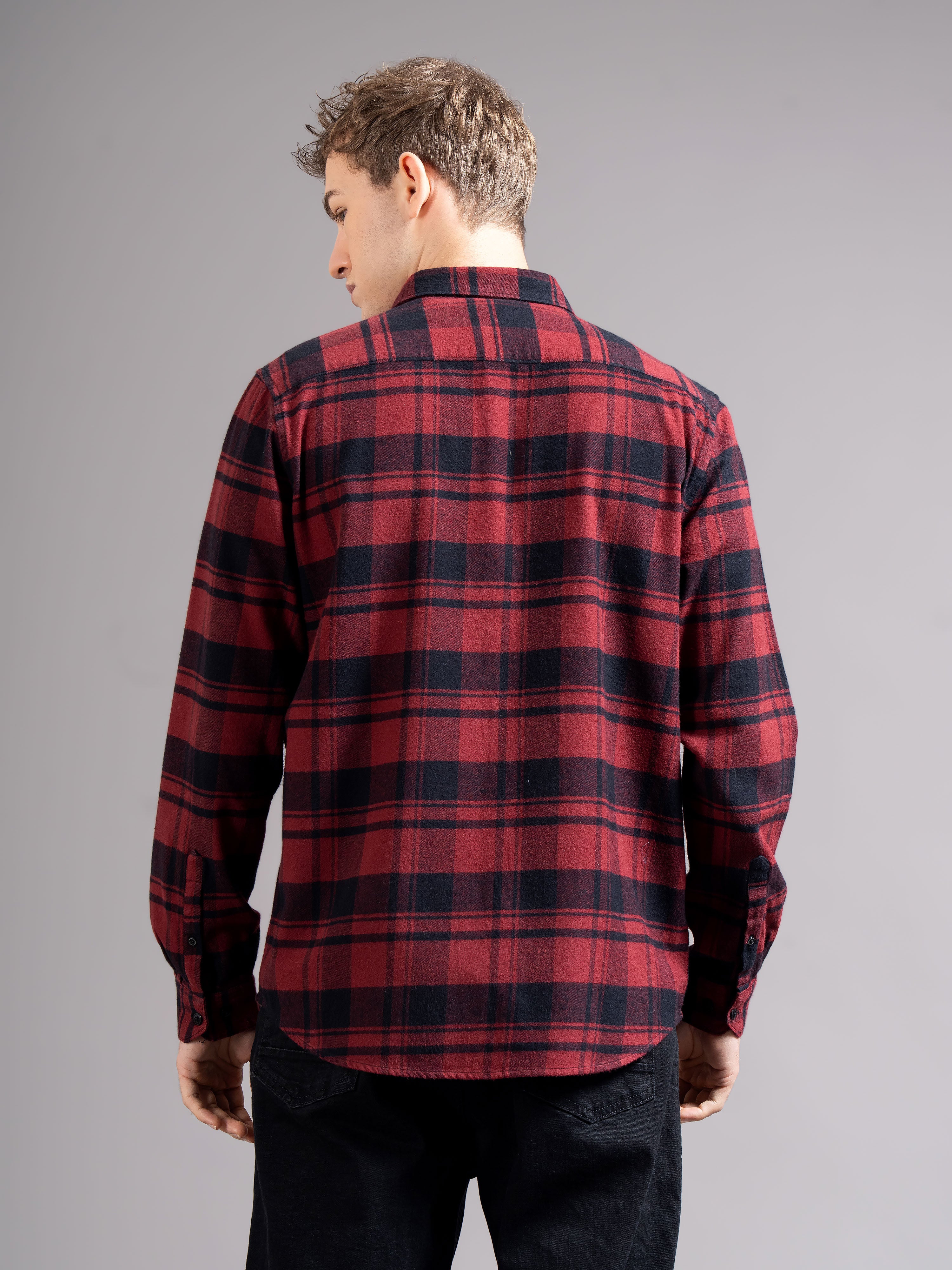 Men Smart Relaxed Fit Tartan Checked Spread Collar Cotton Casual Shirt