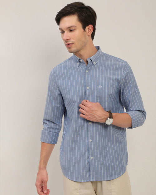 Men Smart Fit Vertical Striped Button-Down Collar Cotton Casual Shirt