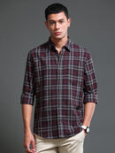 Men Melange Twill Burgundy Checks Shirts