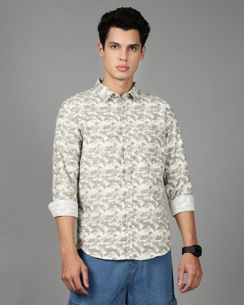 Men Smart Slim Fit Floral Printed Spread Collar Cotton Casual Shirt