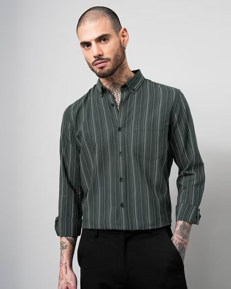 Men Comfort Button-Down Collar Vertical Striped Cotton Casual Shirt