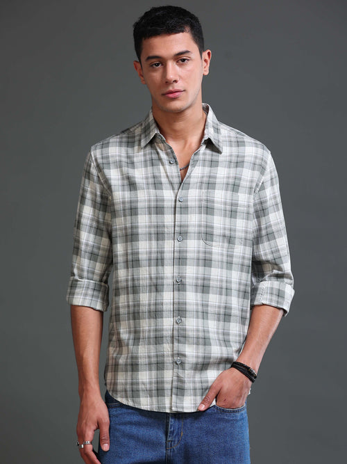Men's Melange Twill Green Checks Shirts