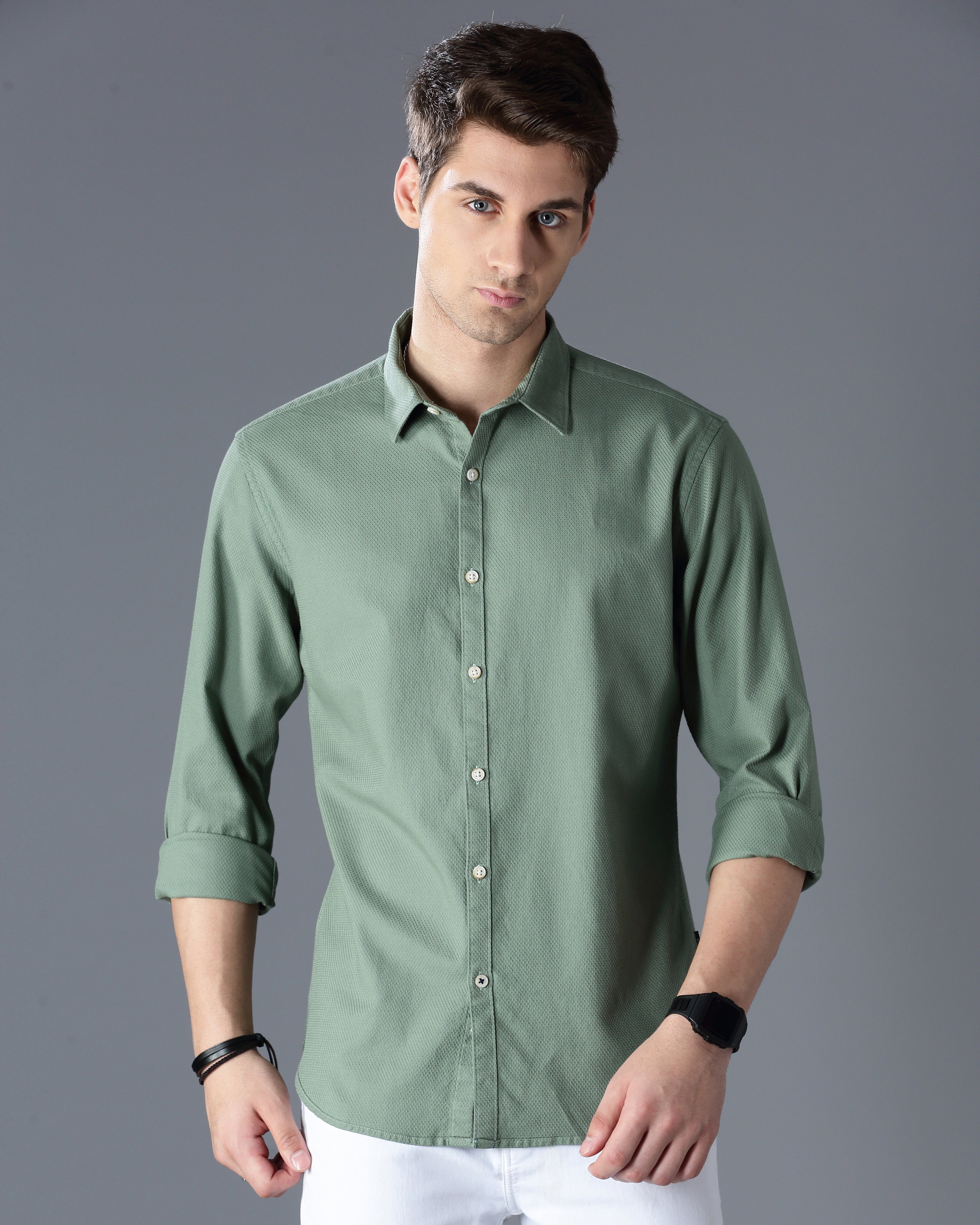 Green Self Design Dobby Casual Shirt