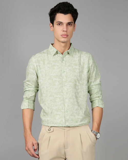 Men Smart Slim Fit Floral Printed Spread Collar Cotton Casual Shirt