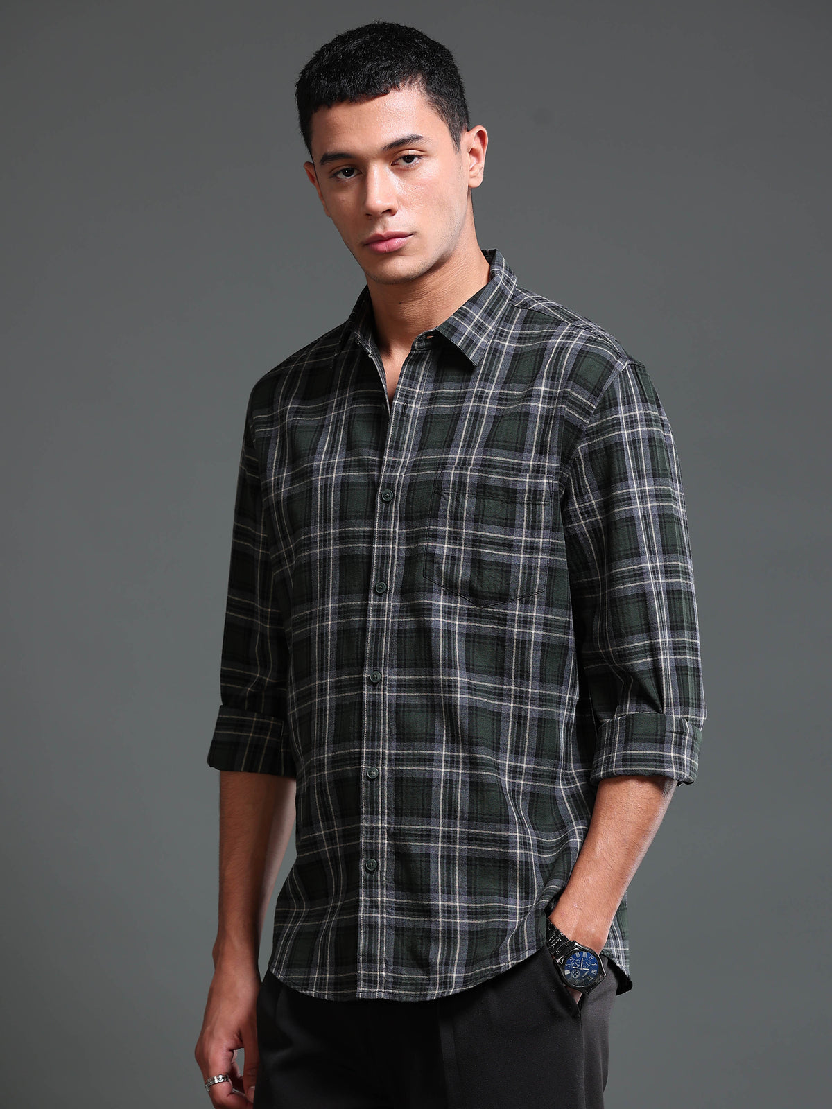 Men's Melange Twill Olive Checks Shirts