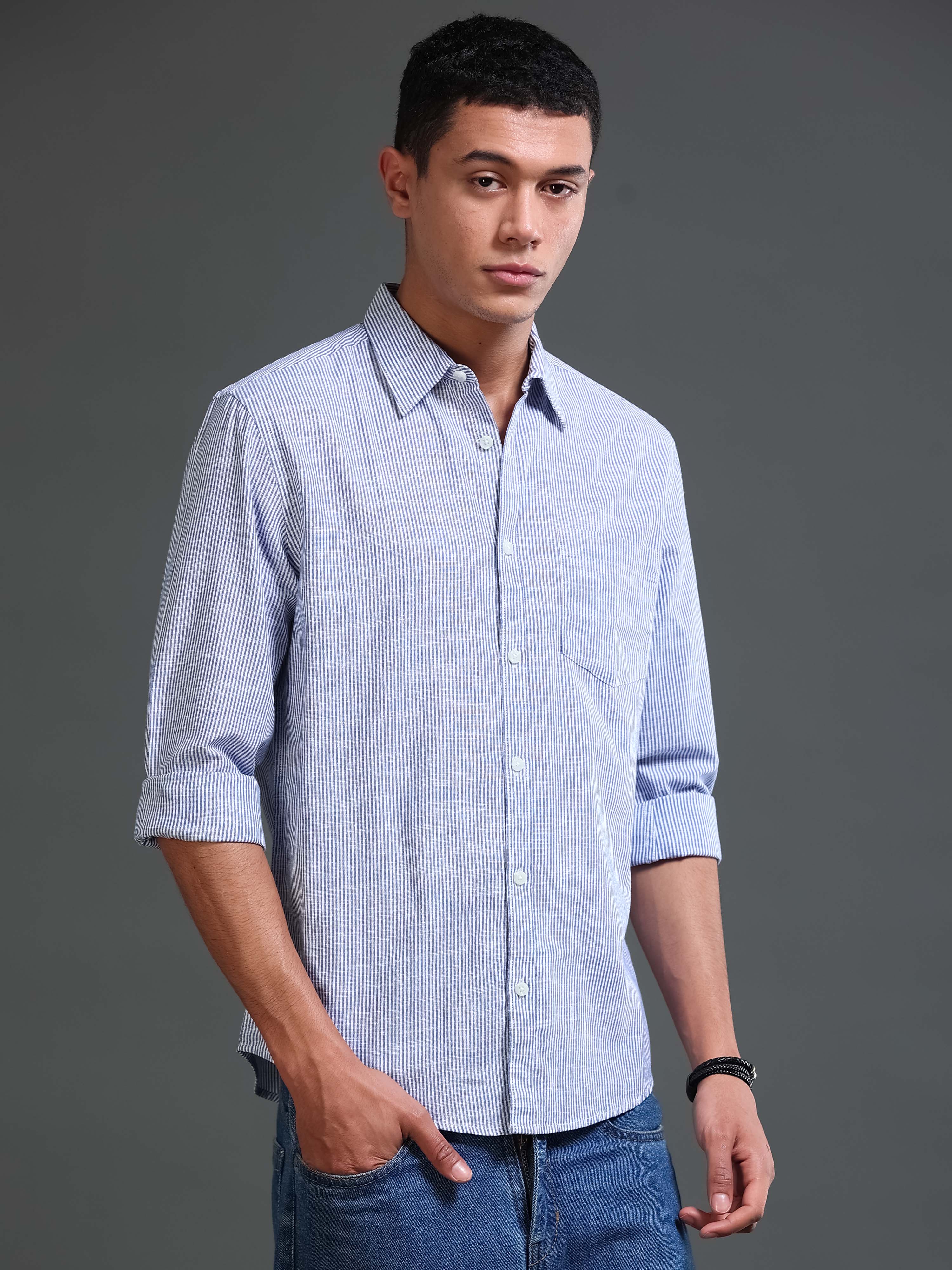 Men Stripes Navy Shirts