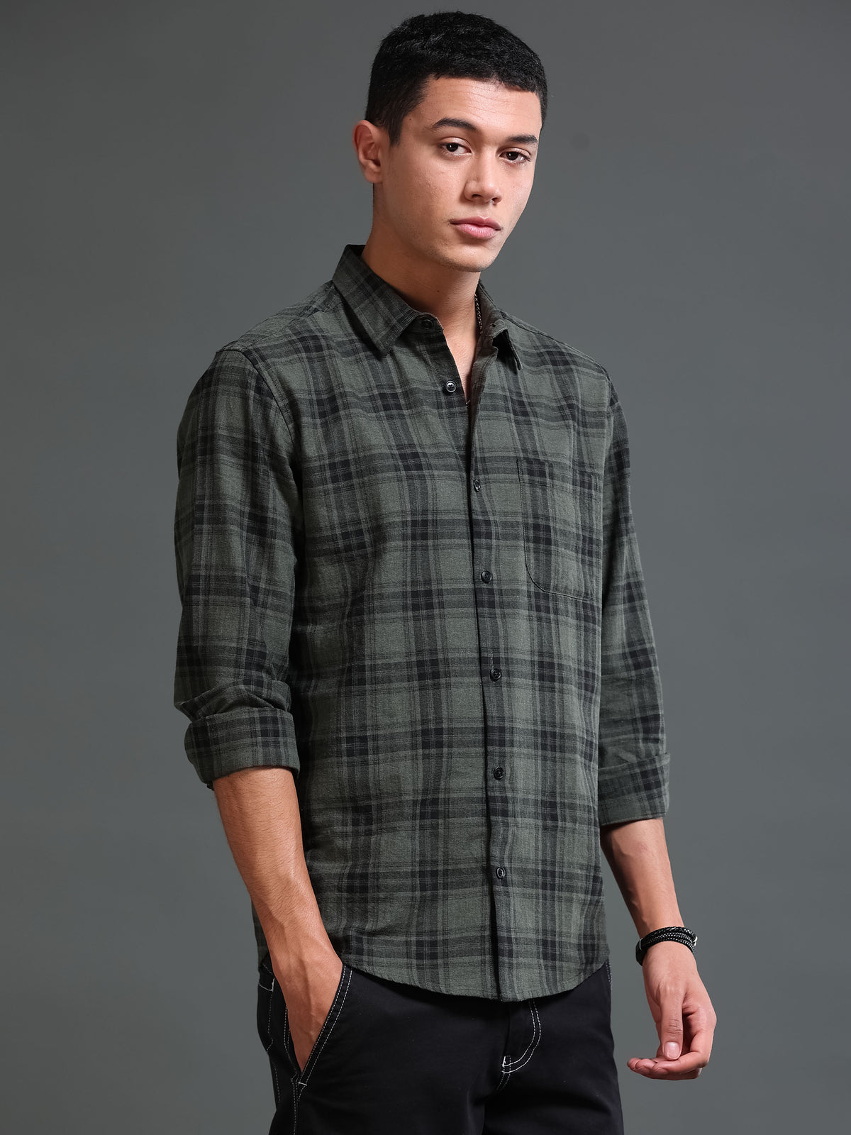 Men's Melange Twill Olive Checks Shirts