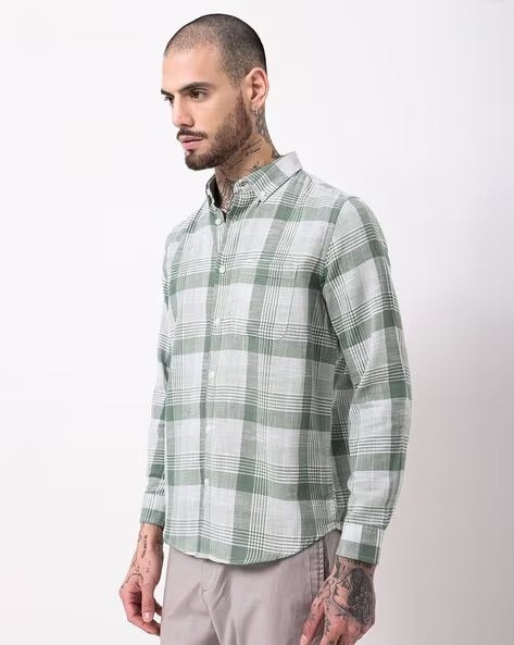 Men Comfort Button-Down Collar Tartan Checked Cotton Casual Shirt