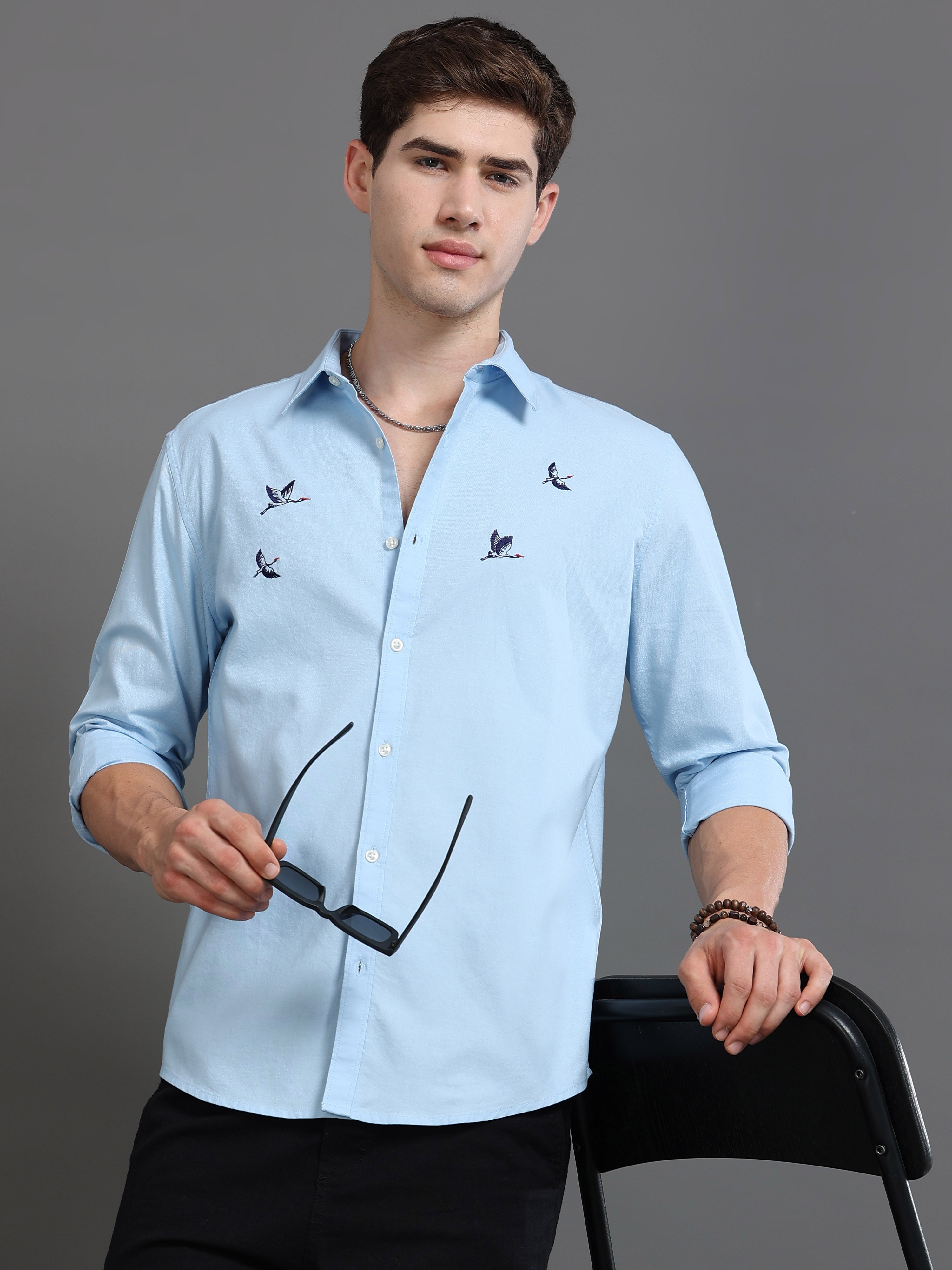 Men Oxford Embroidary Slim Fit Shirt