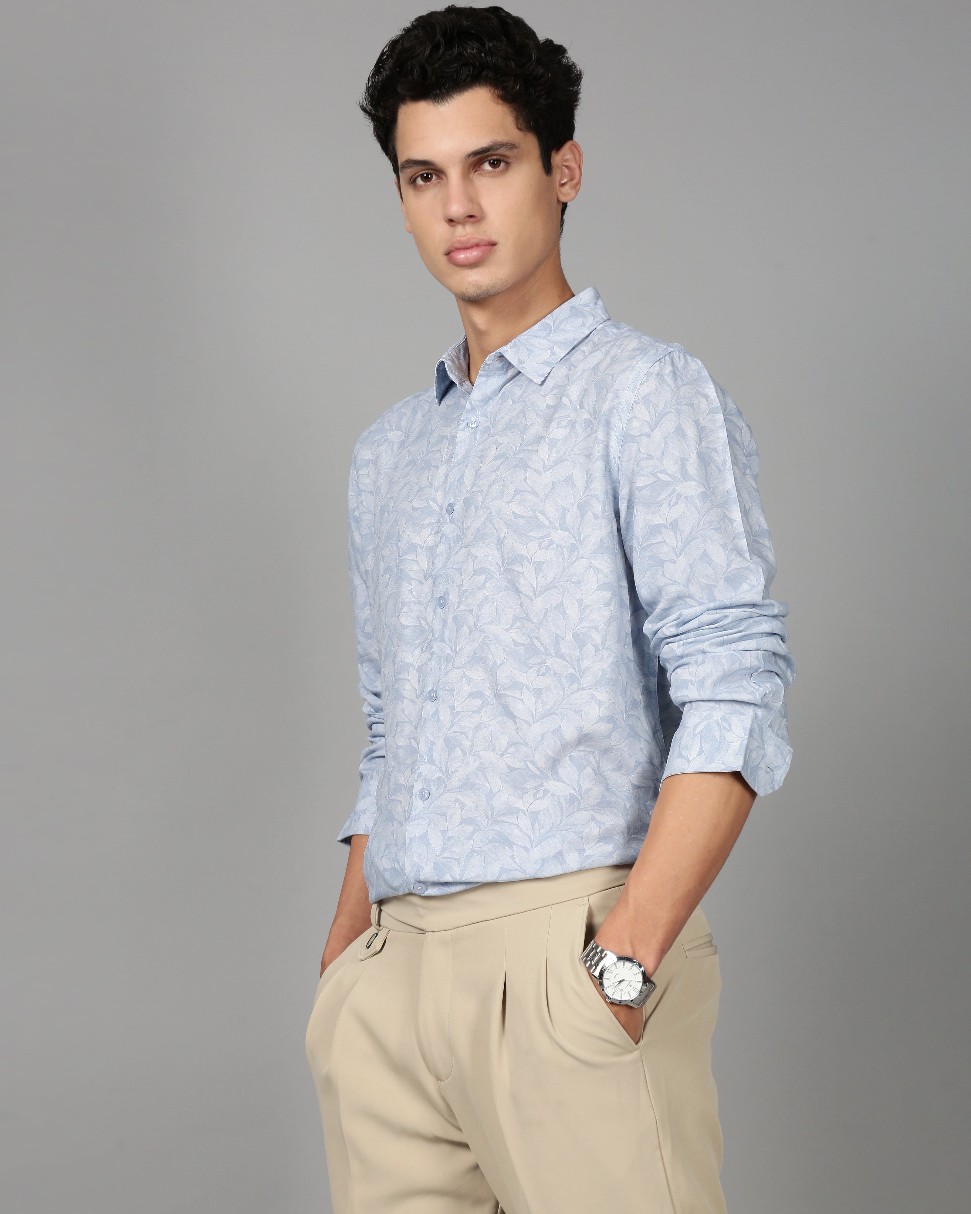 Men Smart Slim Fit Floral Printed Spread Collar Cotton Formal Shirt