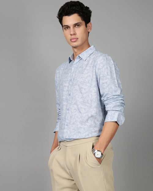 Men Smart Slim Fit Floral Printed Spread Collar Cotton Formal Shirt