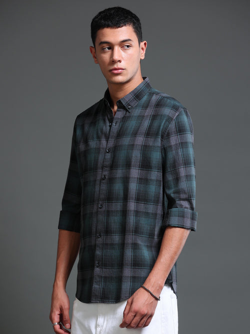 Men's Melange Twill Green Checks Shirts