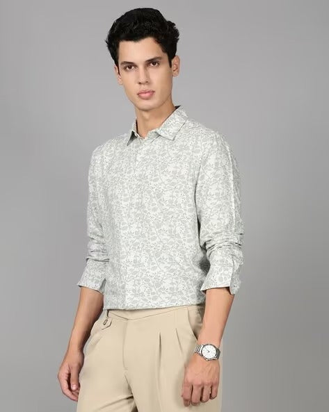 Men Smart Slim Fit Floral Printed Spread Collar Cotton Formal Shirt