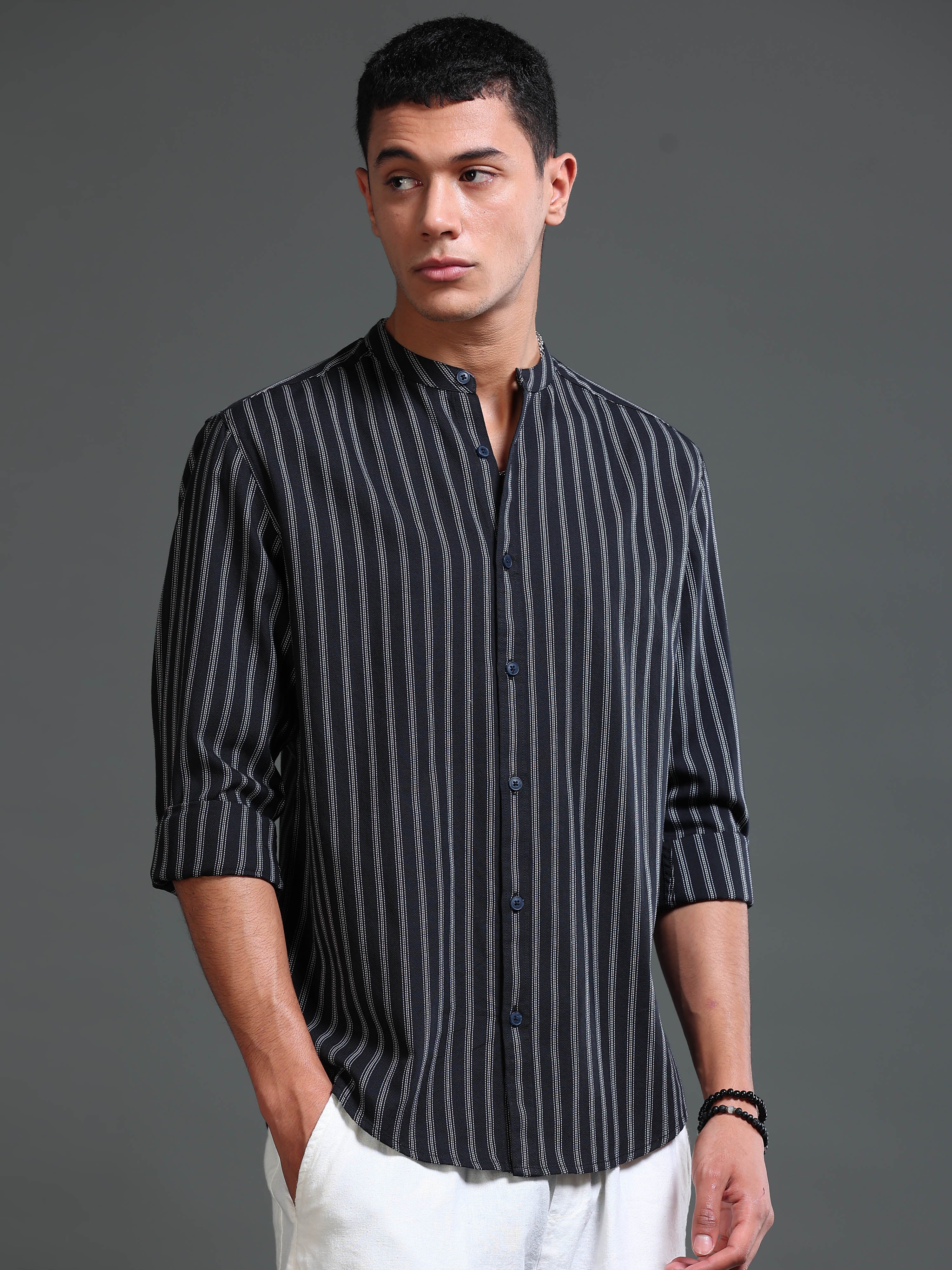 Men Stripes Black Shirt