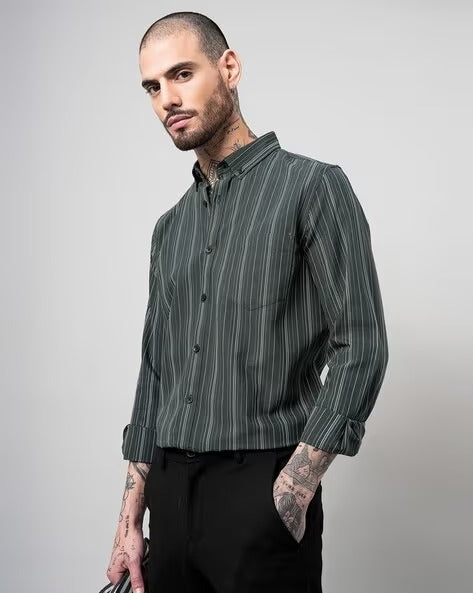 Men Comfort Button-Down Collar Vertical Striped Cotton Casual Shirt
