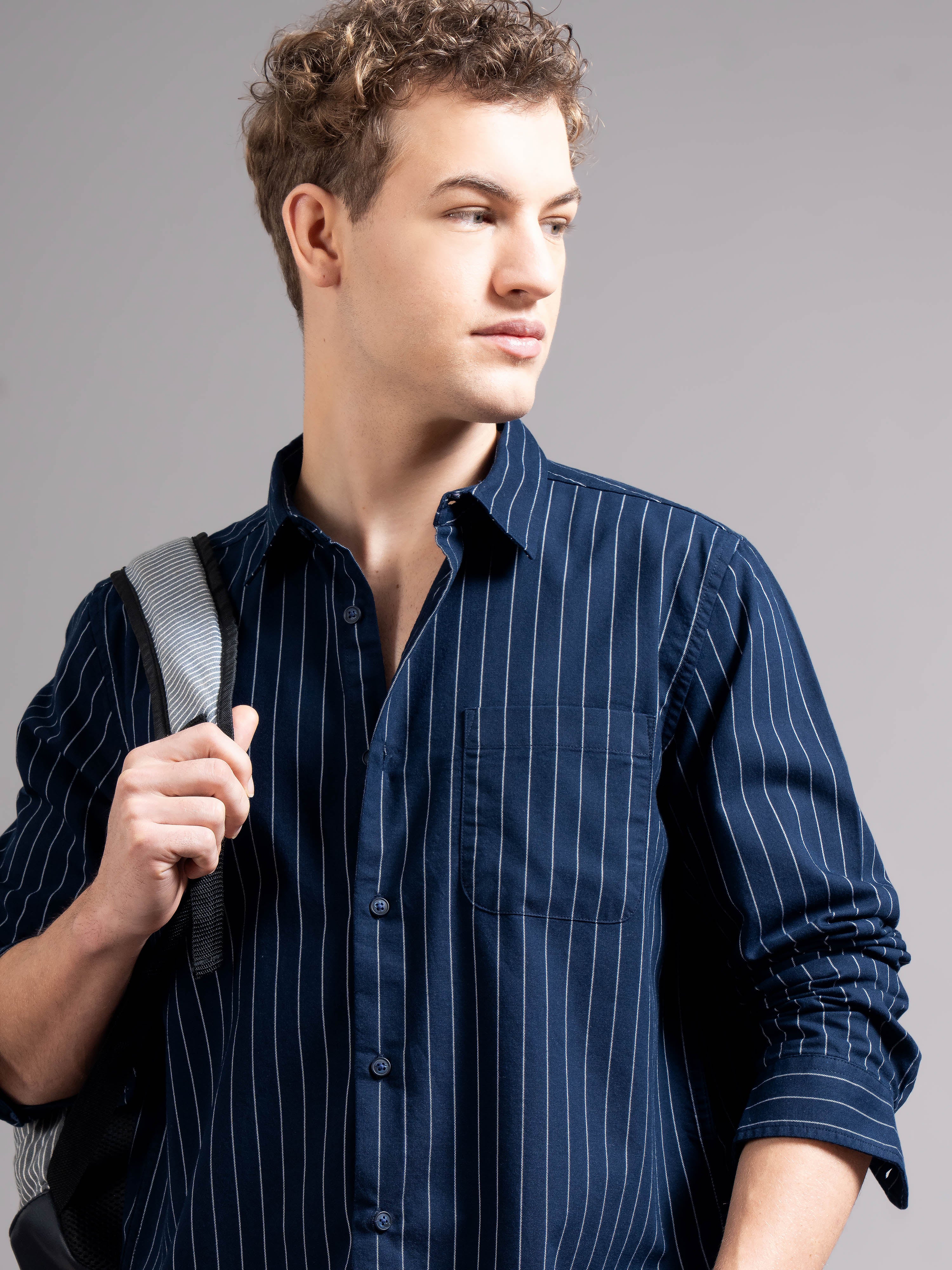 Smart Slim Fit Vertical Striped Spread Collar Cotton Casual Shirt