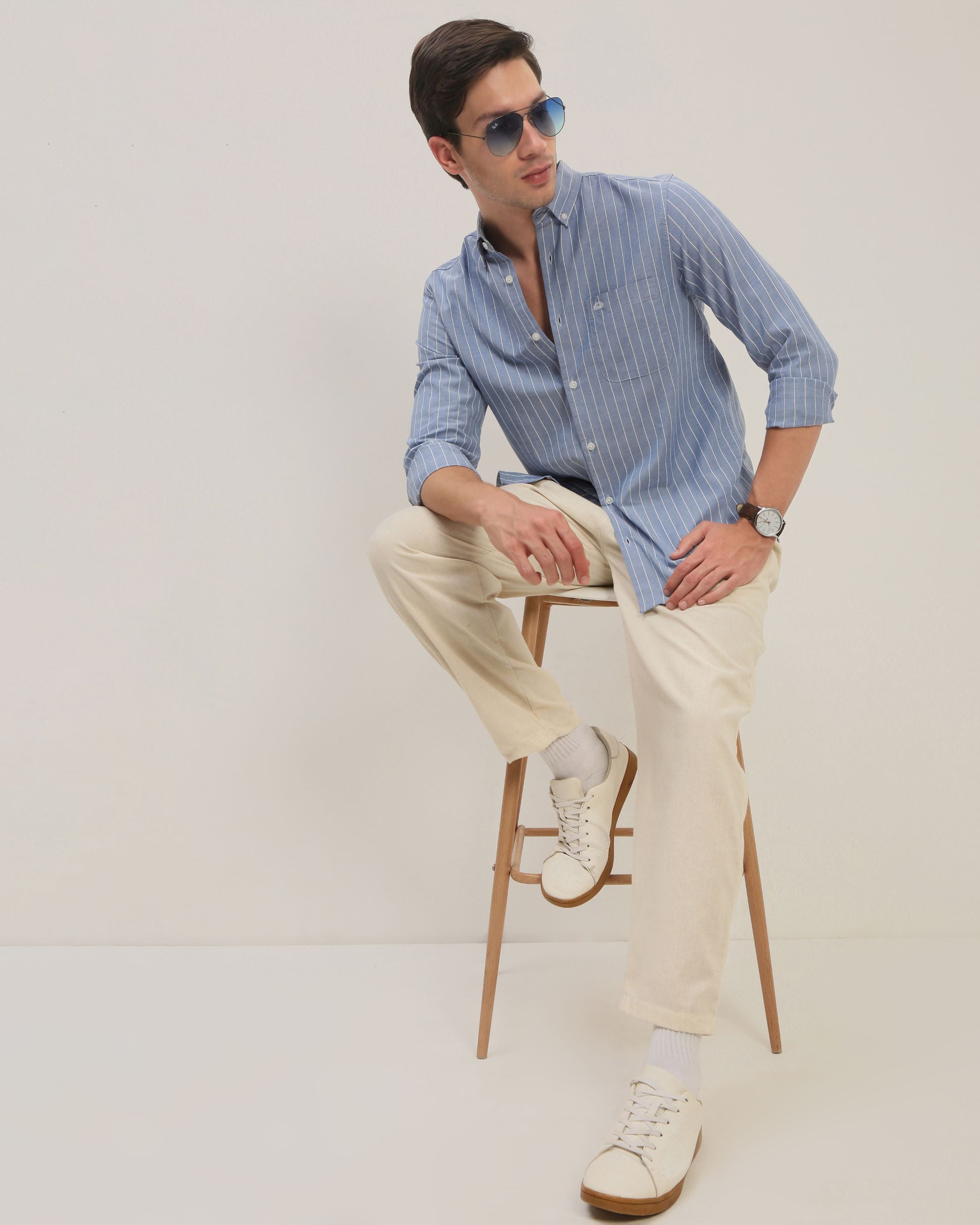 Men Smart Fit Vertical Striped Button-Down Collar Cotton Casual Shirt