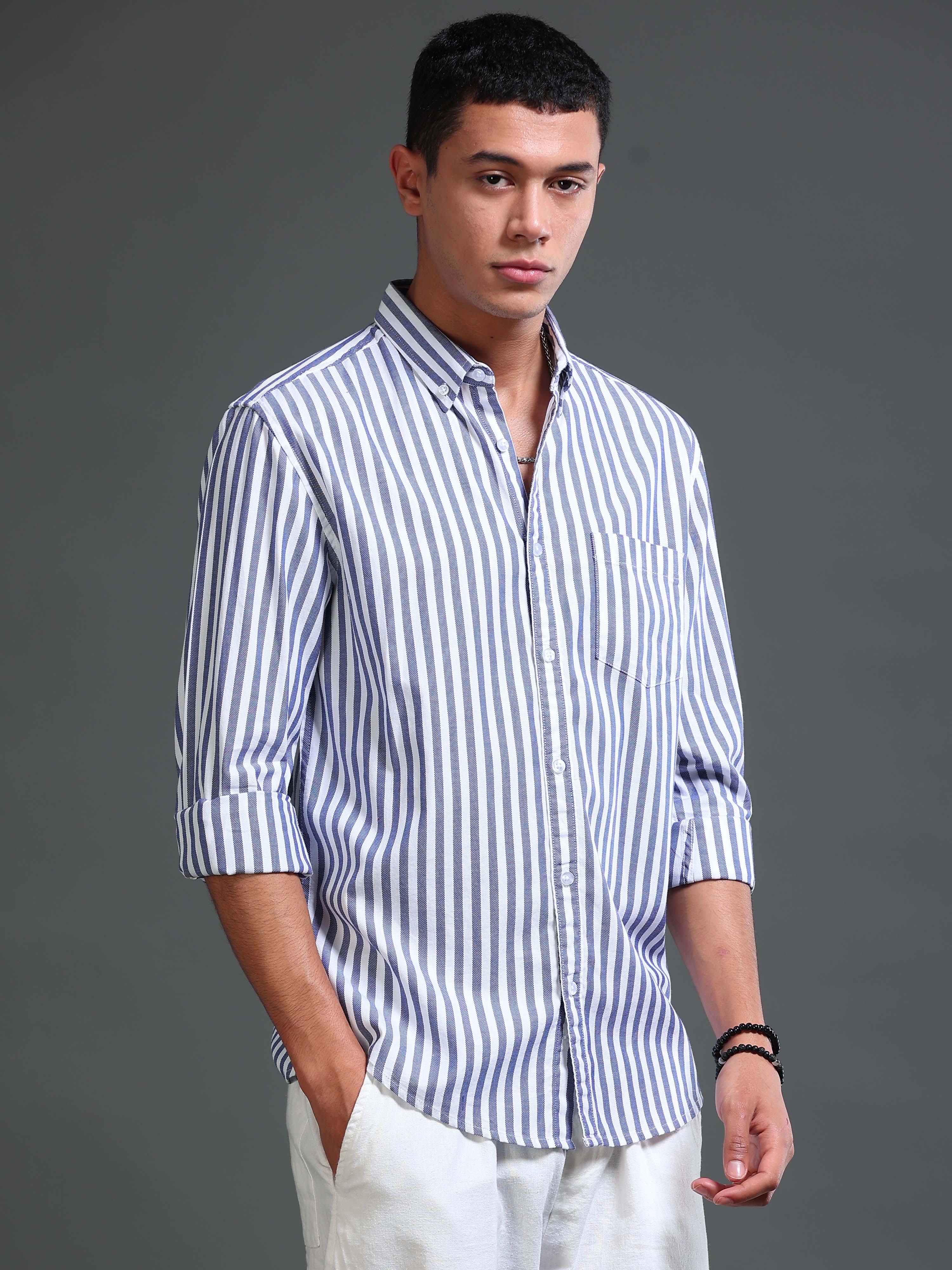 Men Stripes Navy Shirts