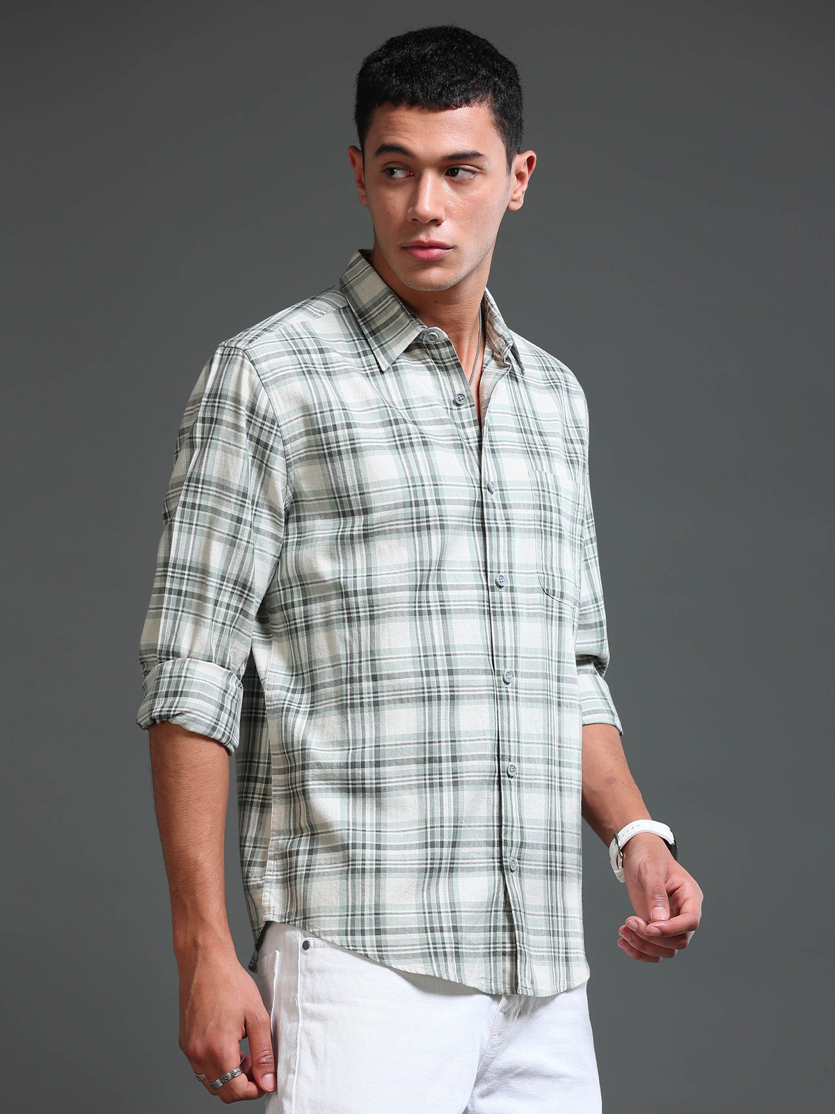Men's Melange Twill Green Checks Shirts