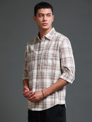 Men's Melange Twill Beige Checks Shirts