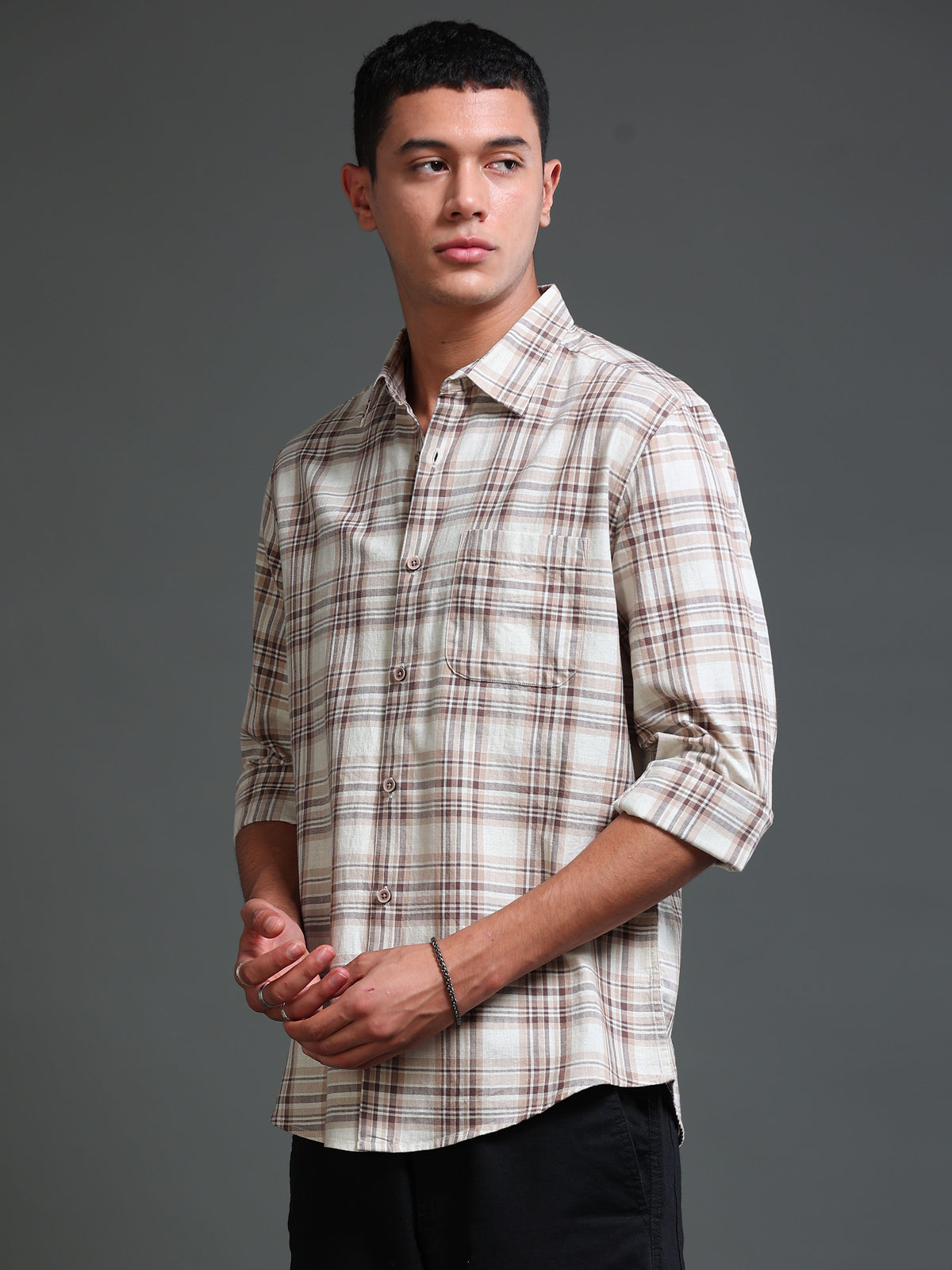 Men's Melange Twill Beige Checks Shirts