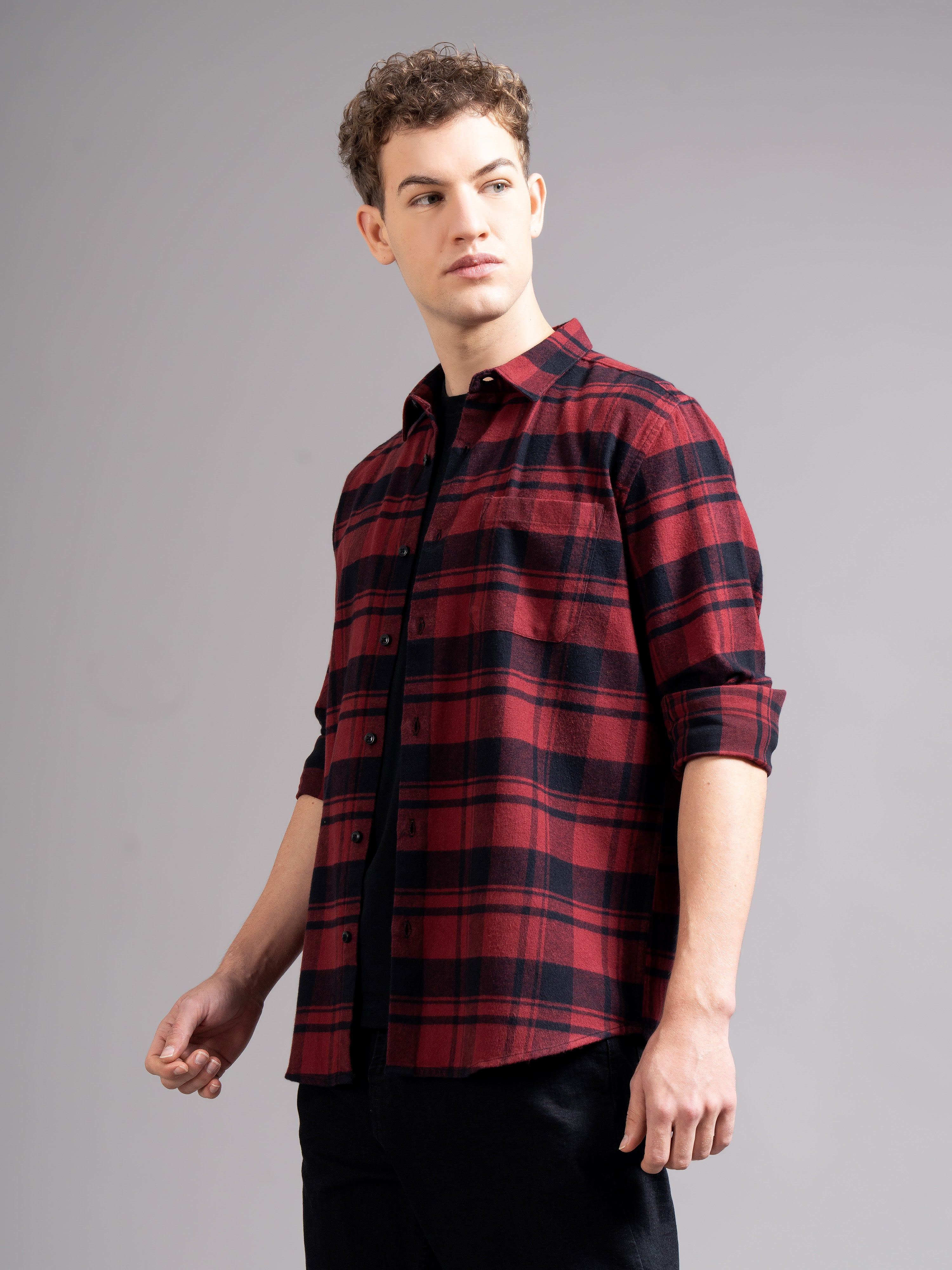 Men Smart Relaxed Fit Tartan Checked Spread Collar Cotton Casual Shirt