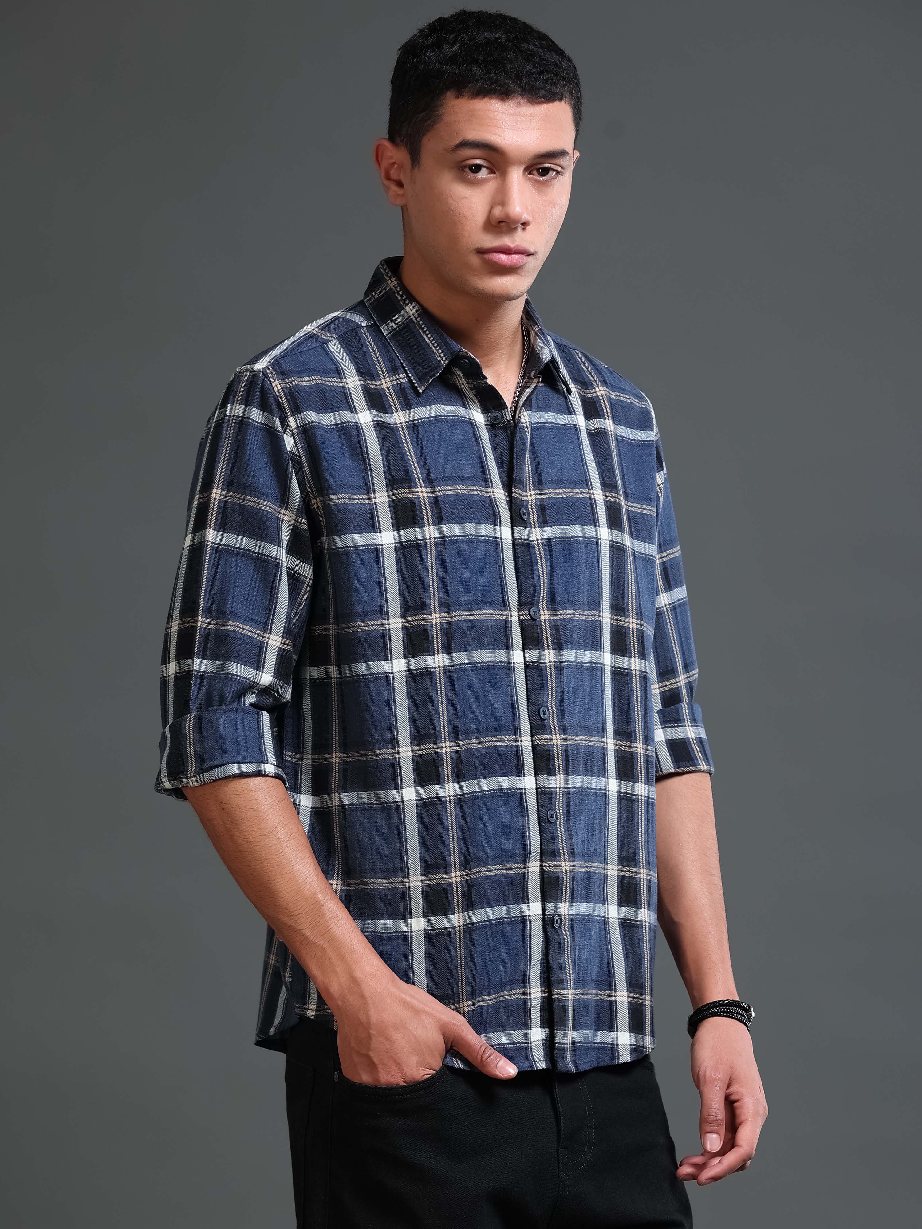 Men Navy Checks Shirt