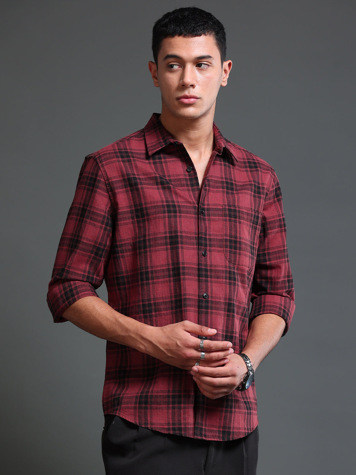 Men's Melange Twill Red Checks Shirts