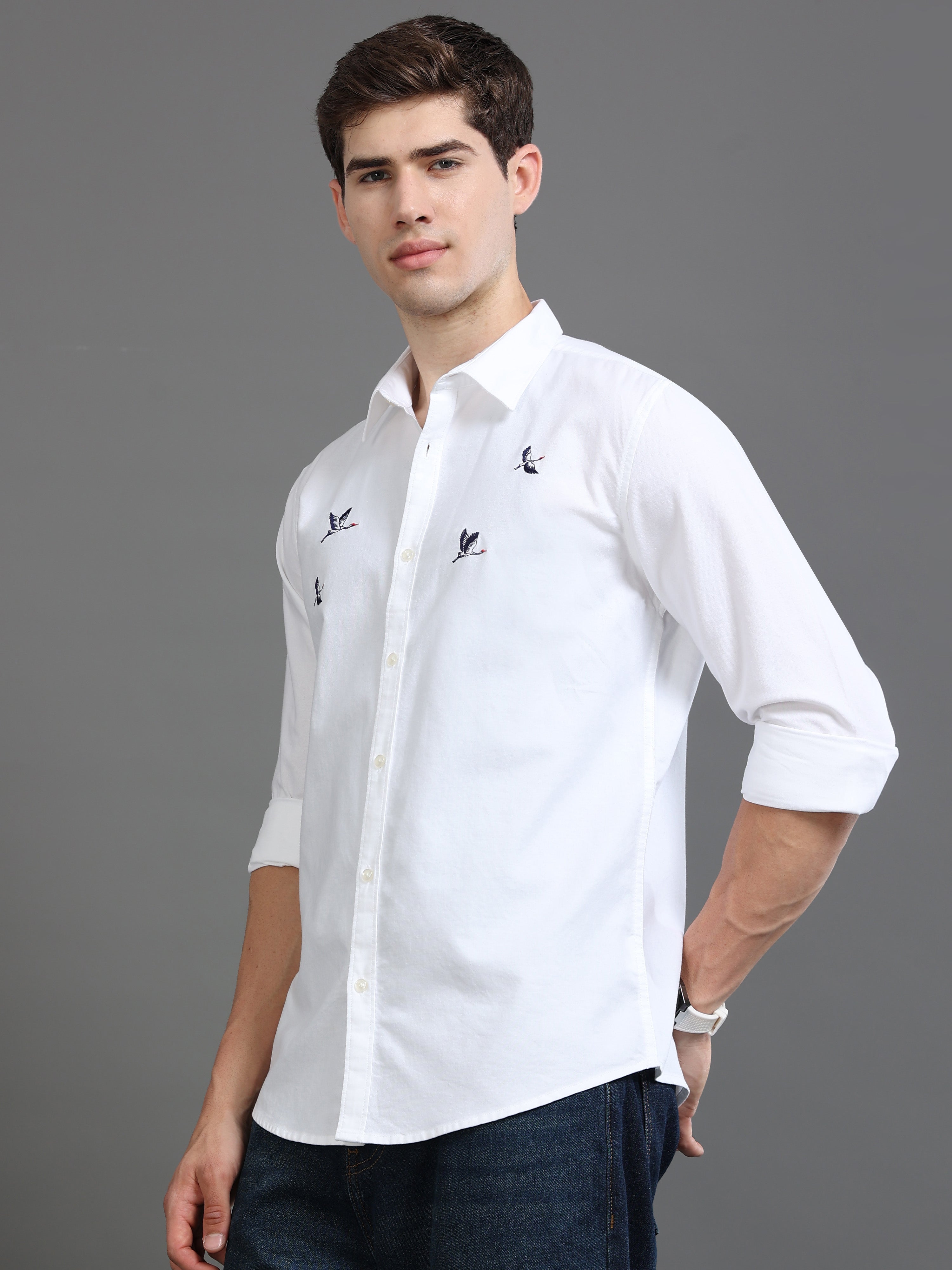 Men Oxford Embroidary Slim Fit Shirt