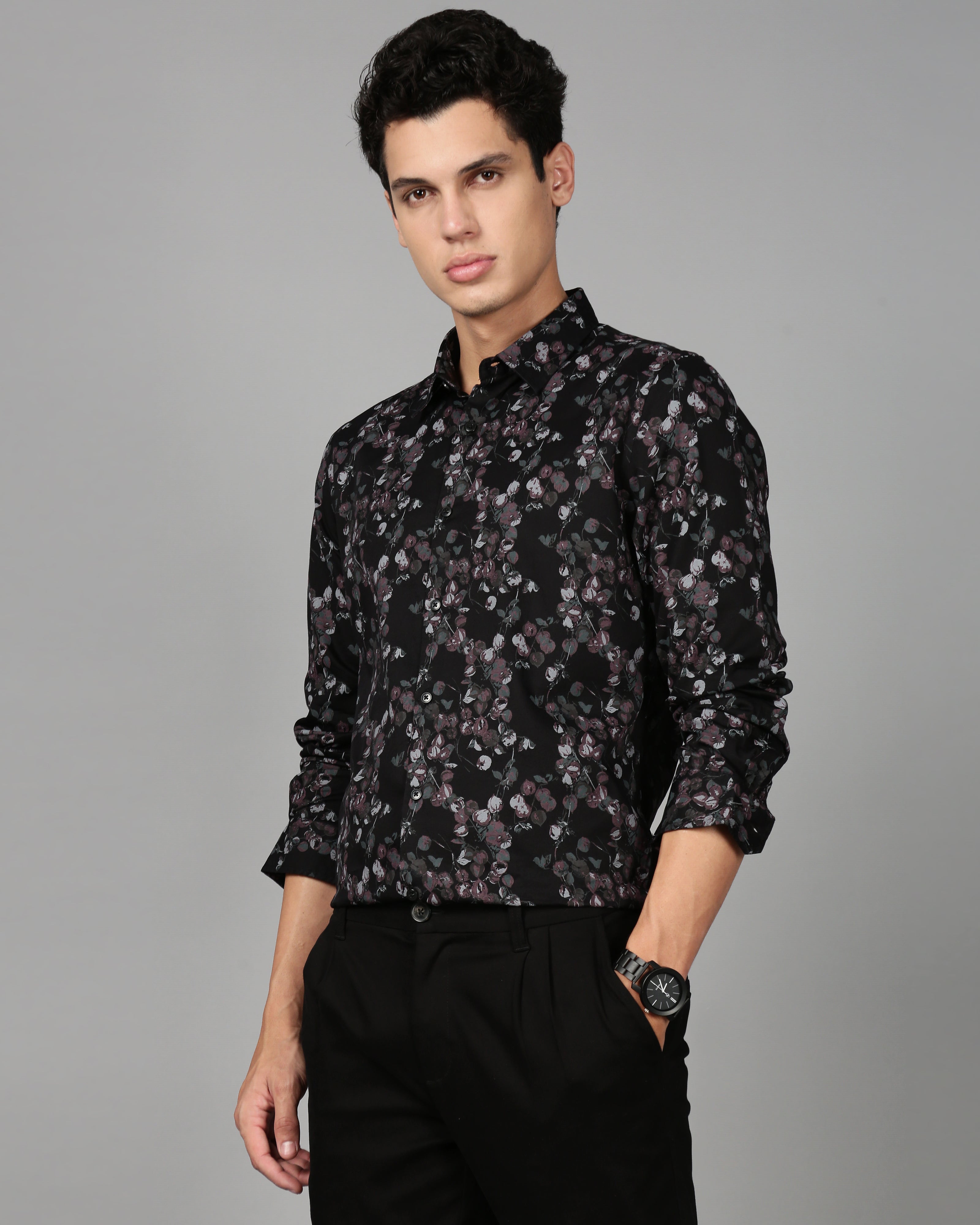Smart Slim Fit Floral Printed Spread Collar Cotton Casual Shirt