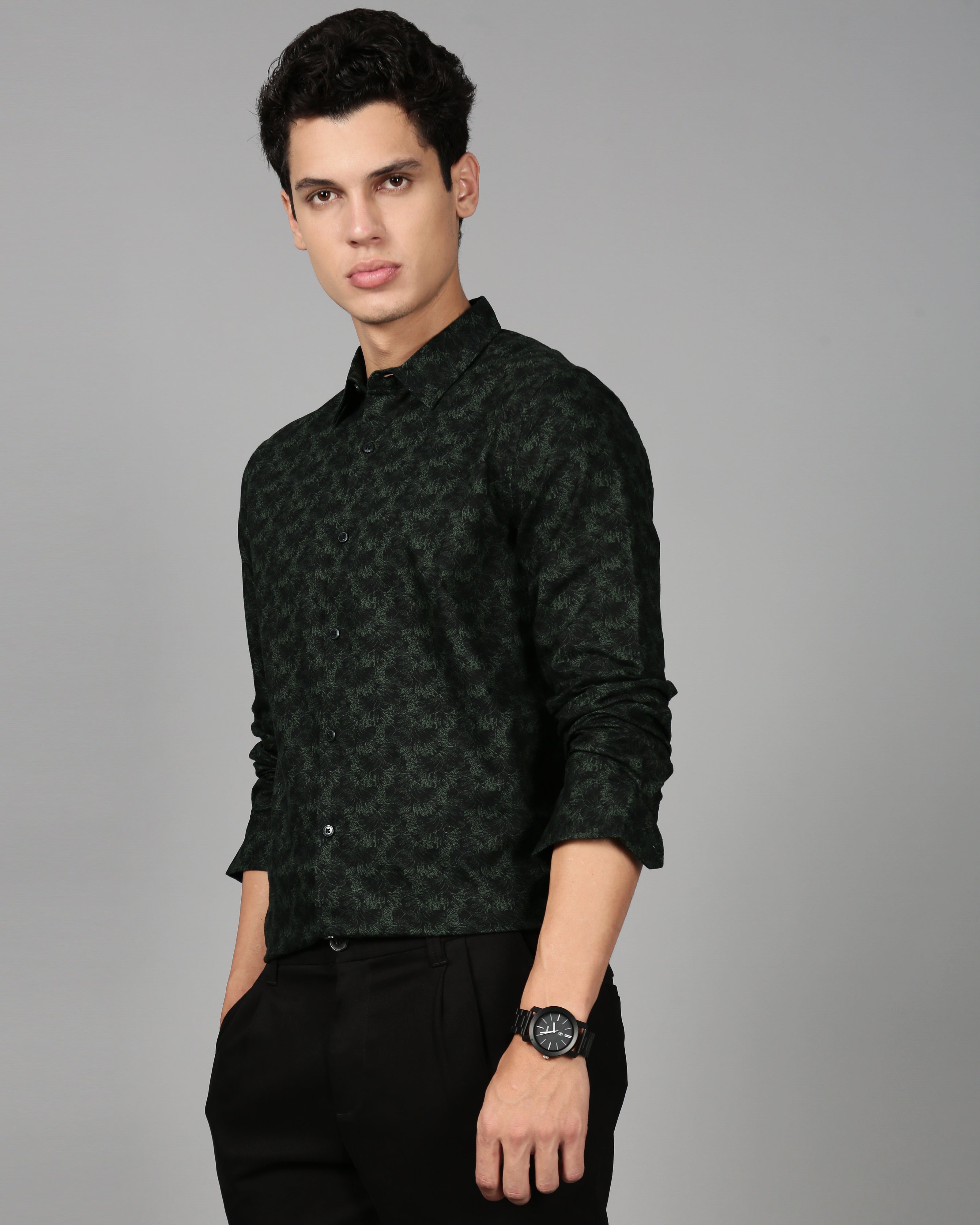 Smart Slim Fit Floral Printed Spread Collar Cotton Casual Shirt